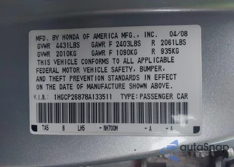 2008 Honda Accord 2.4 Ex-L z USA, uszkodzony, nr VIN 1HGCP26878A133511